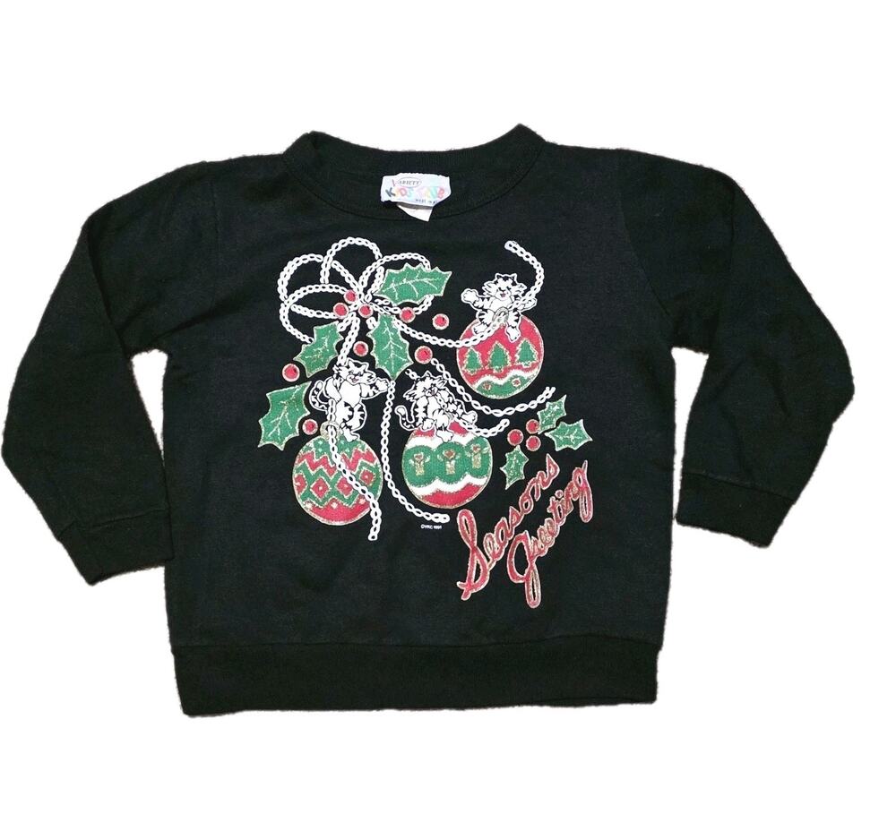 Vintage 90s Kids 6x Christmas Cat Crewneck Sweatshirt Black Nostalgic Holiday